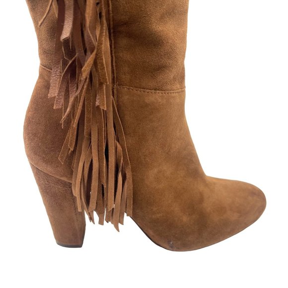 Lauren Ralph Lauren Camel Suede and Leather Fringe High Heel Boots Size 7 - Picture 2 of 11